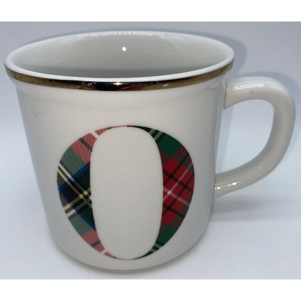 Pottery Barn Stewart Plaid Holiday Coffee Mug Monogram Initial Alphabet Letter O